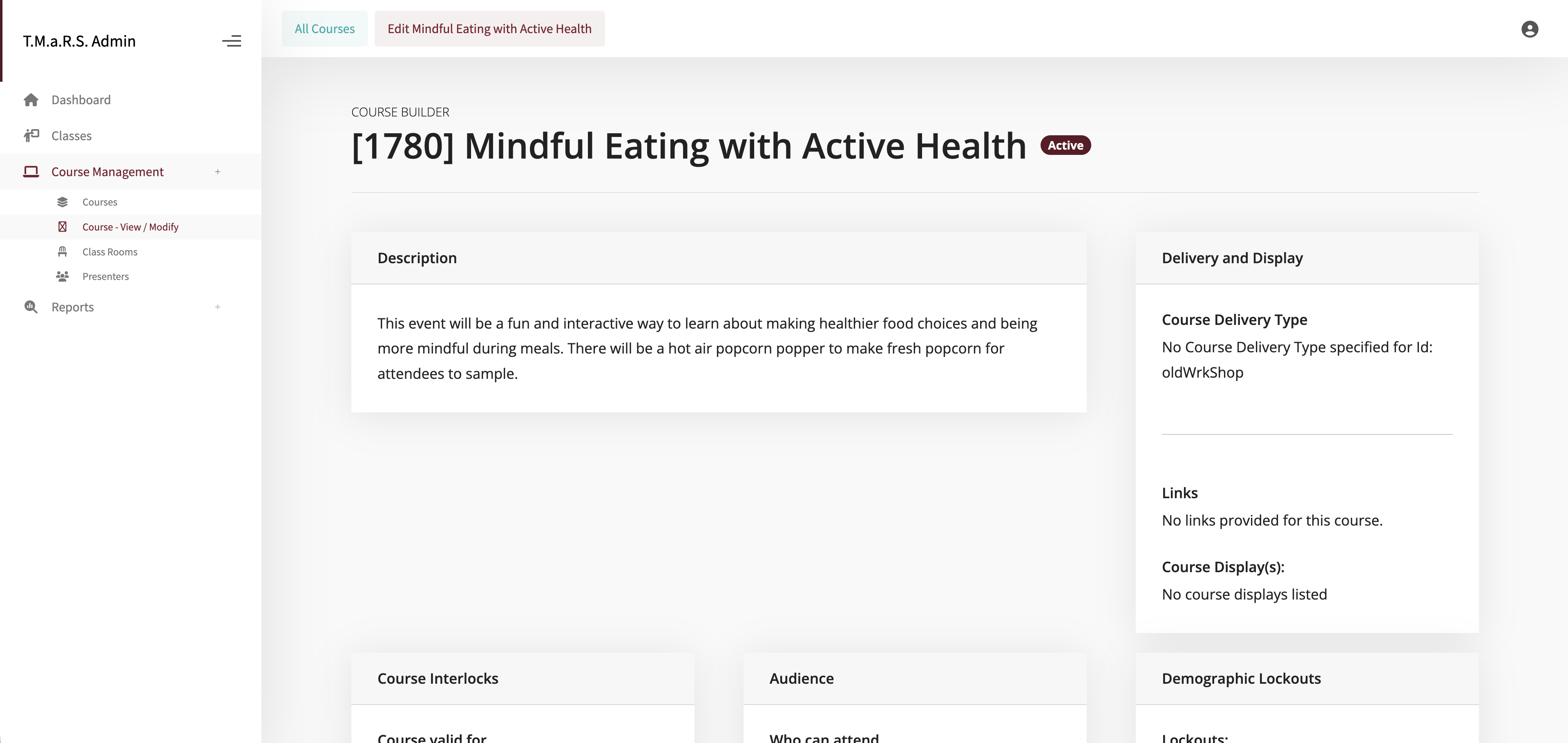 Edit existing course page