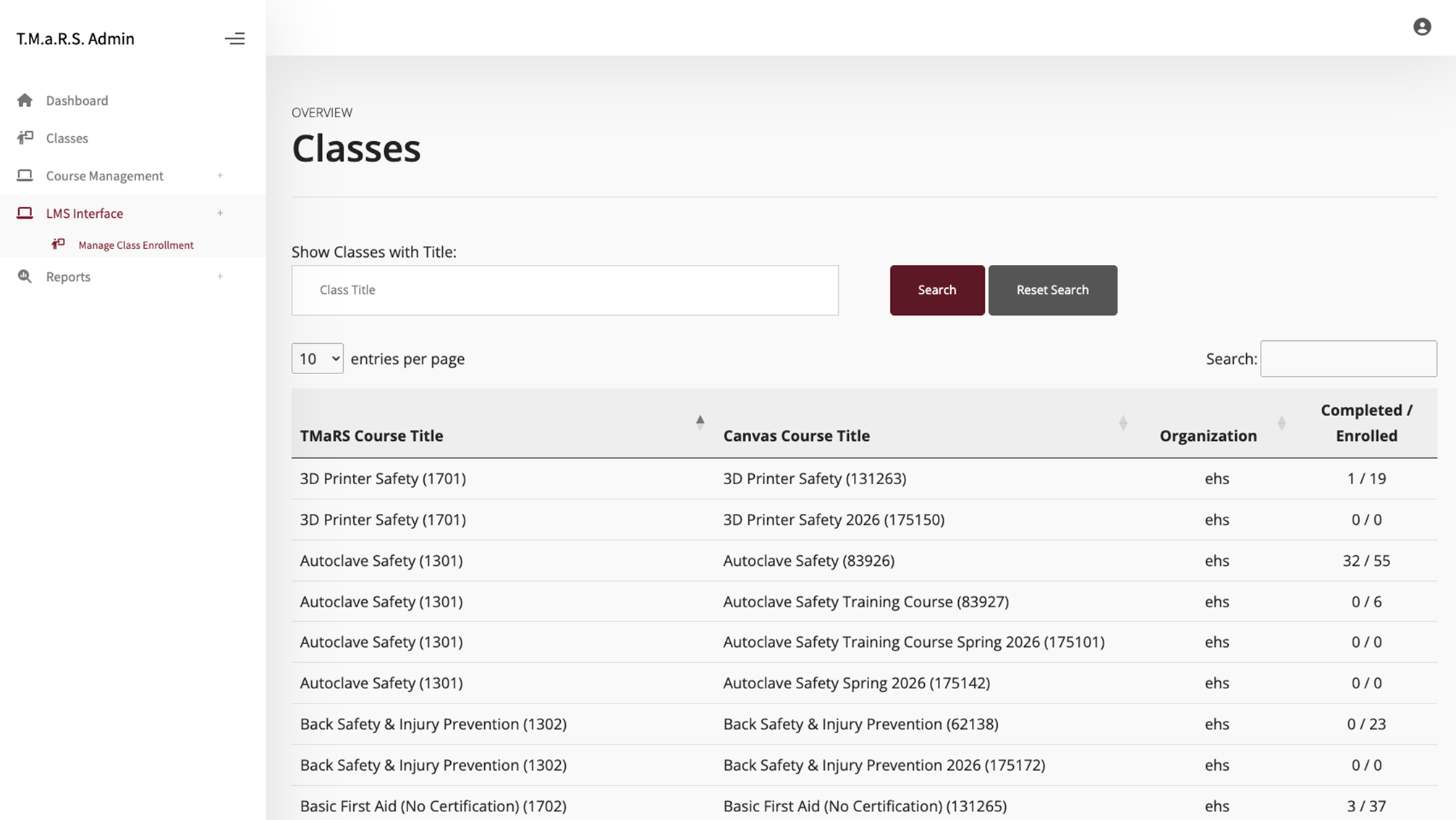 LMS Interface main page