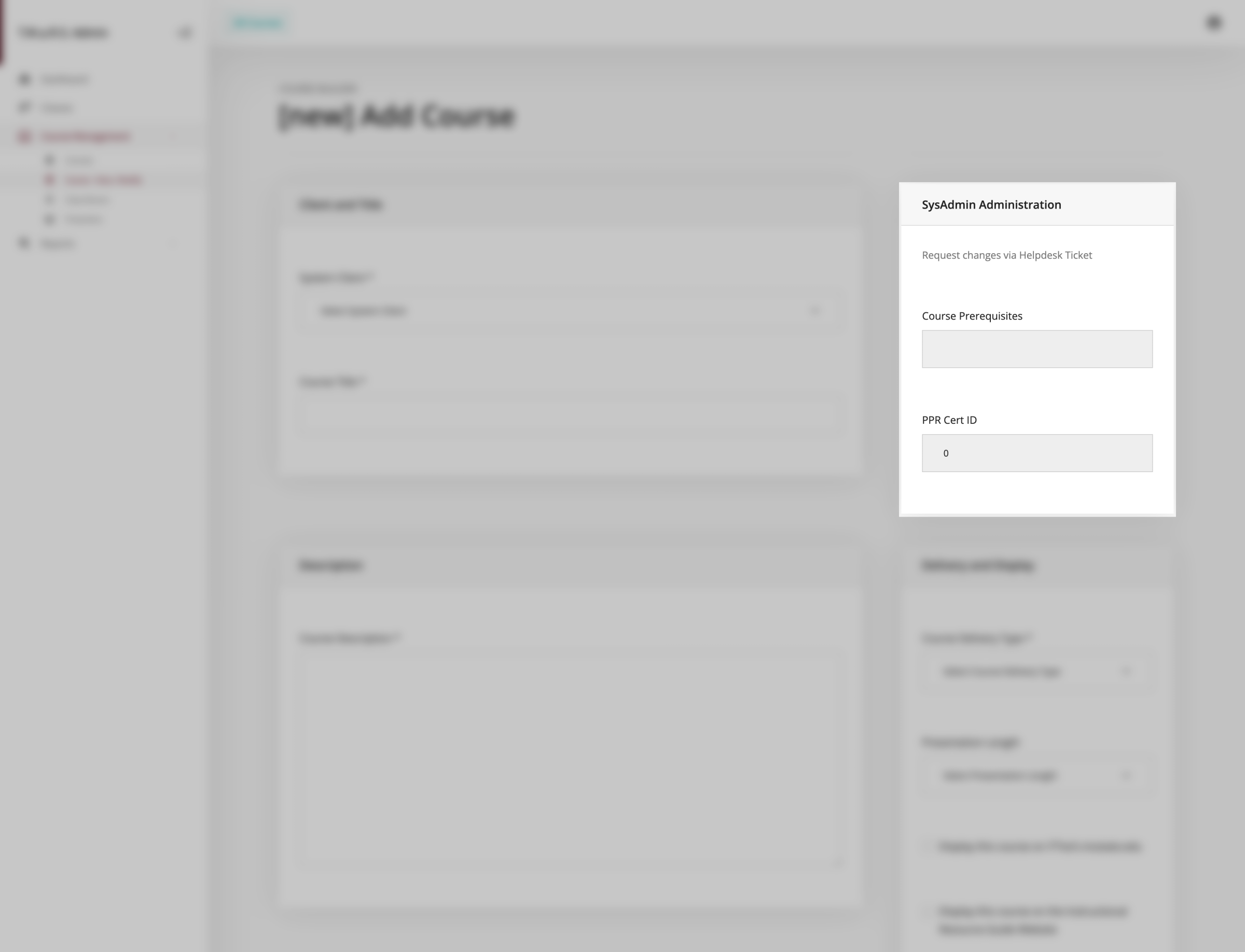 Add new courses page sysadmin options
