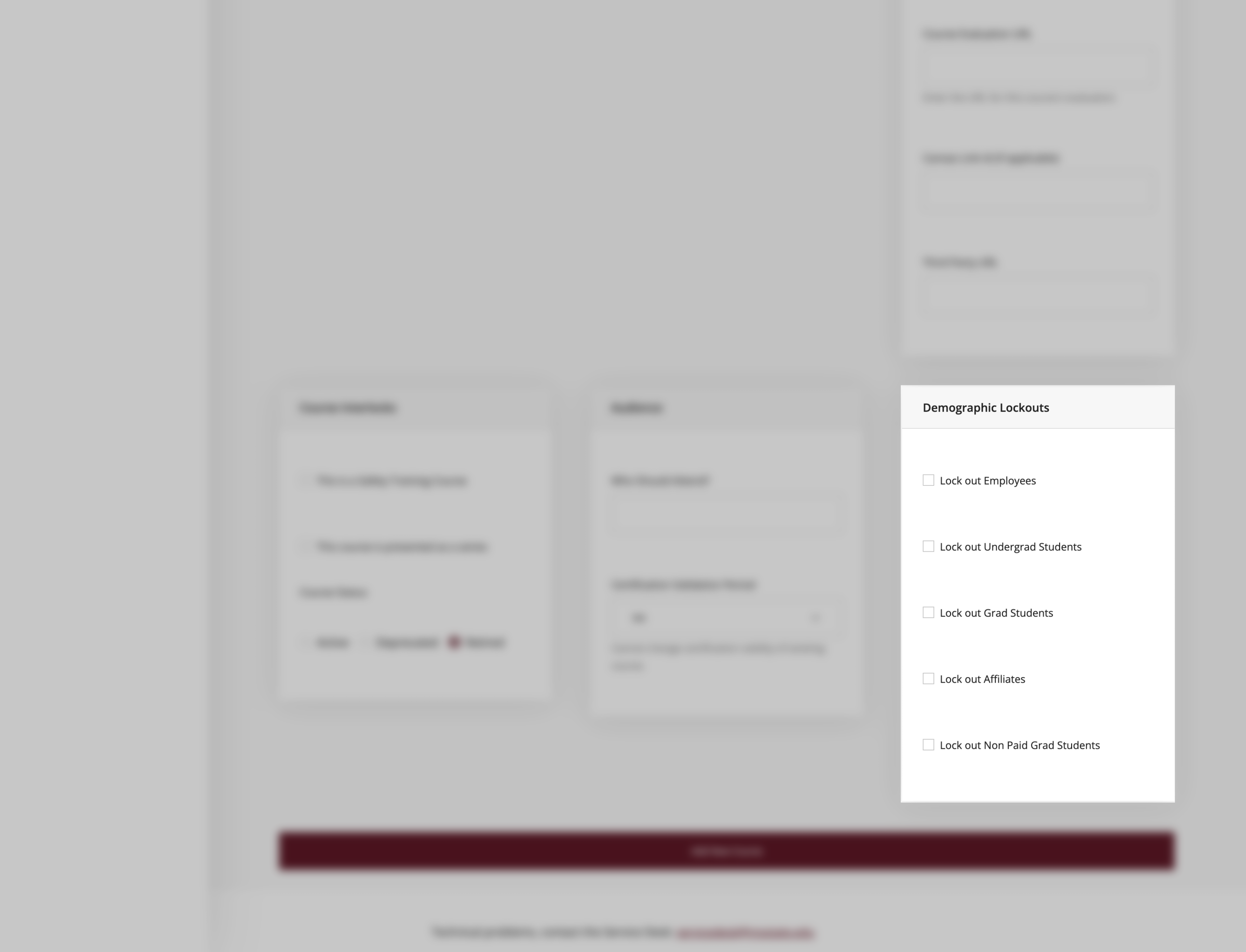 Add new courses page demo lockouts box