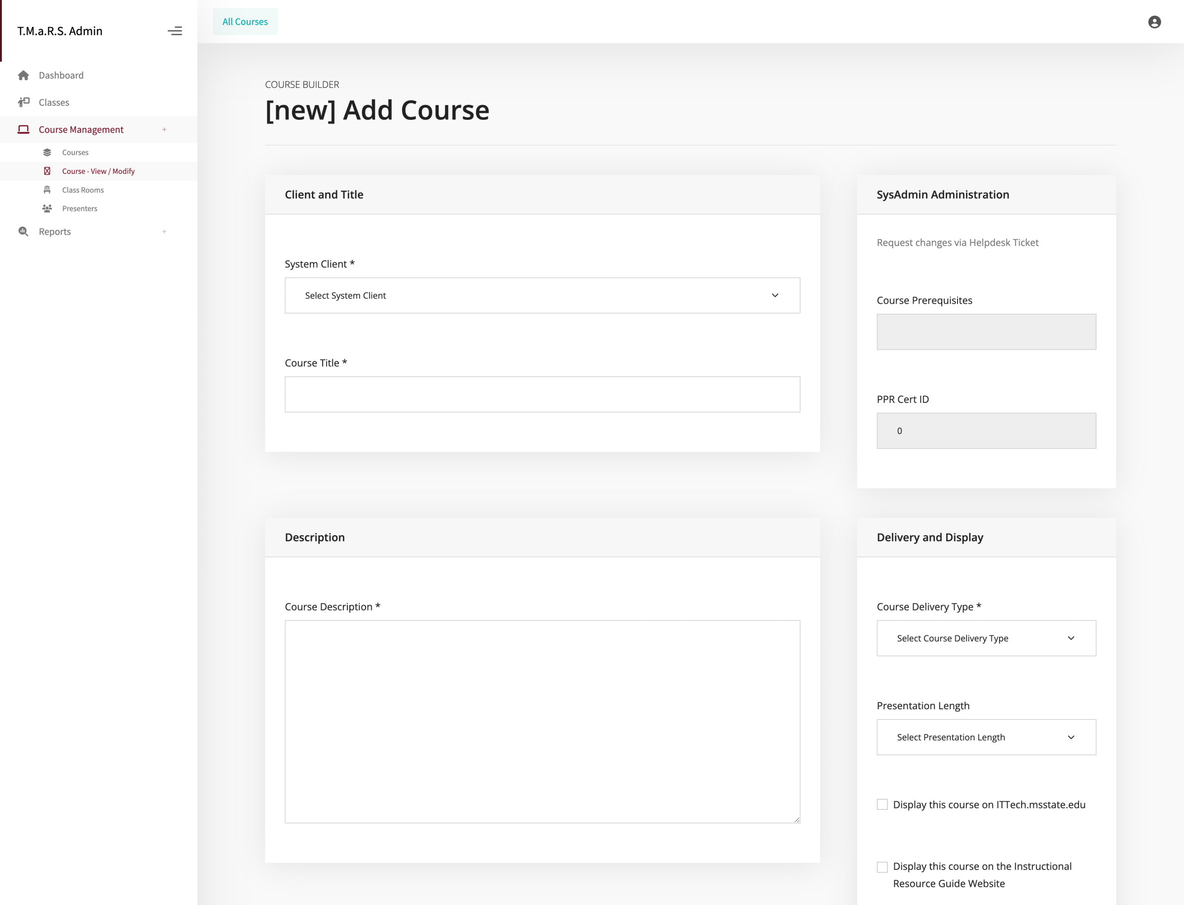 Add new courses page overview