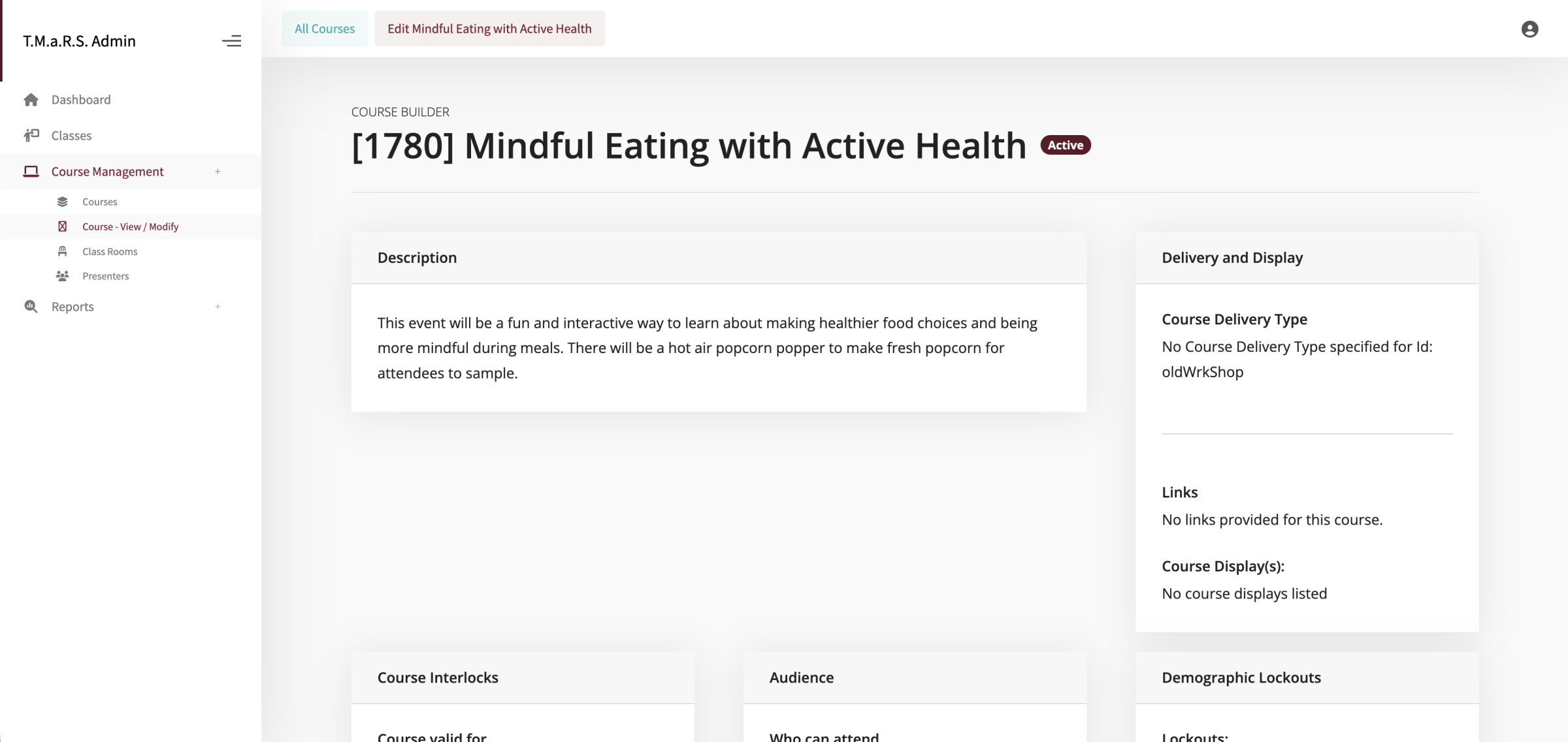 Edit existing course page