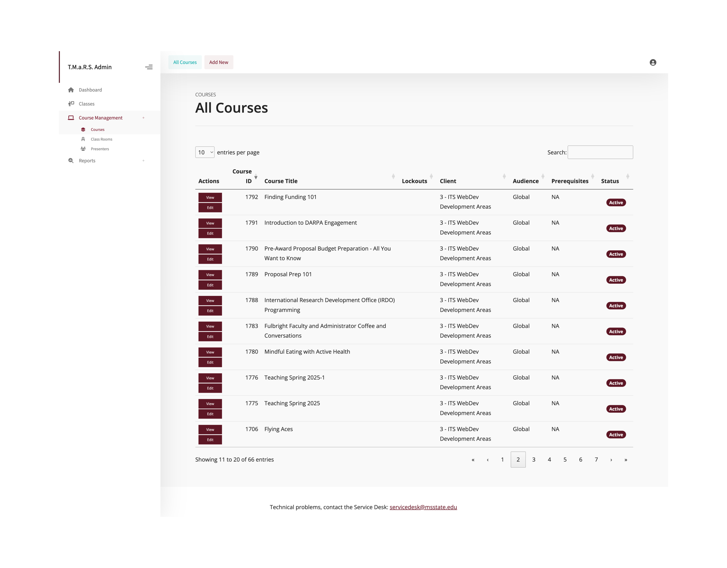 Courses overview page
