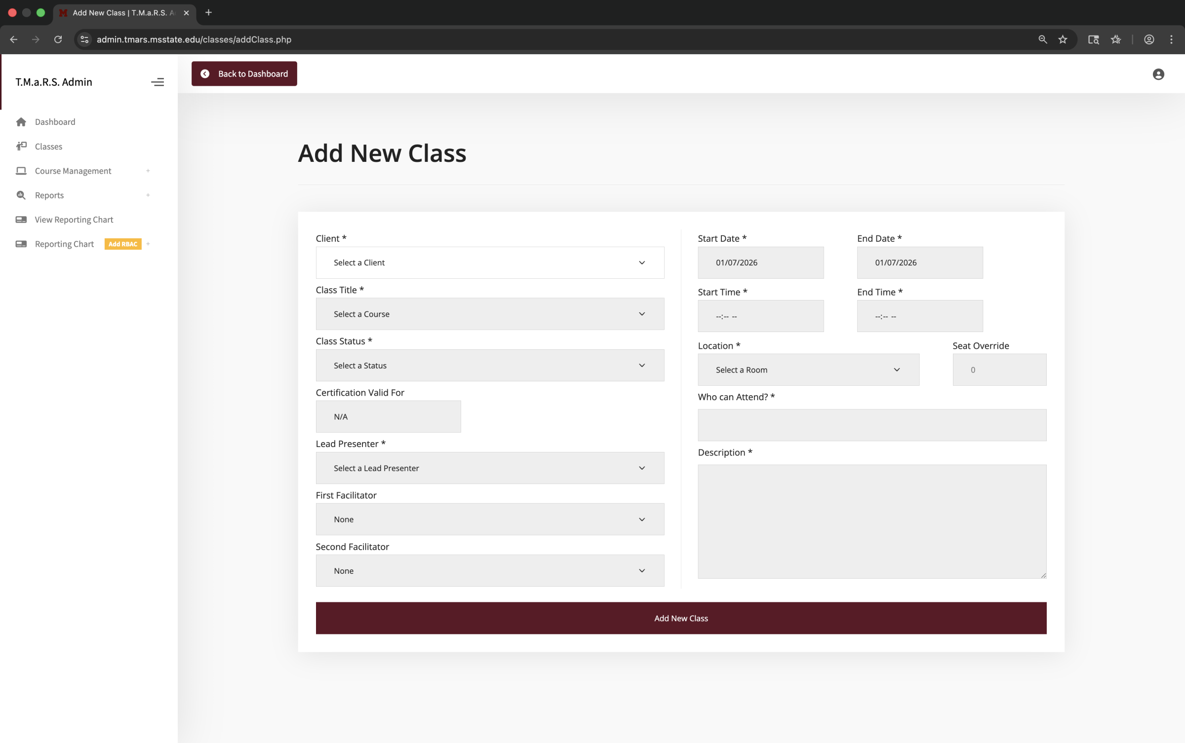 Add New Class - Empty