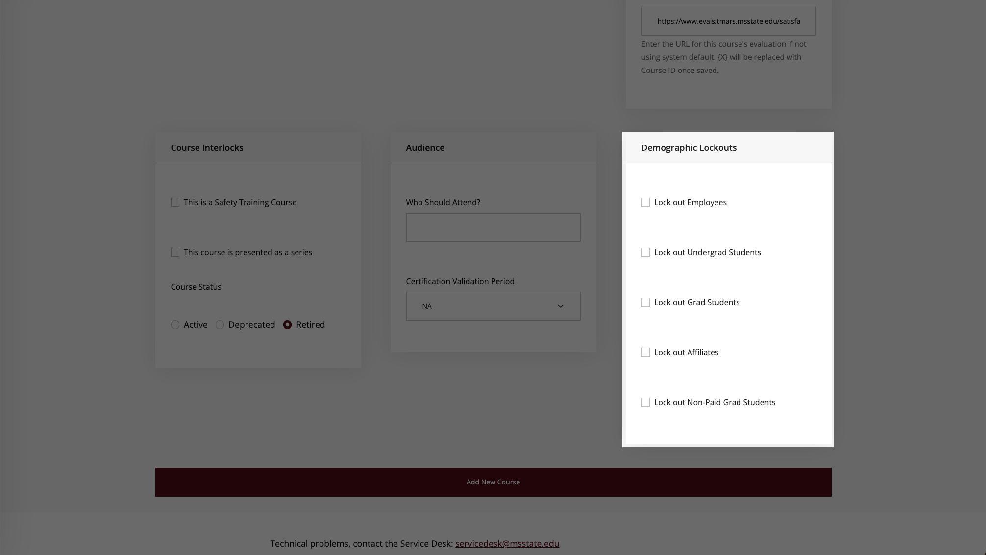 Add new course demographic lockouts section