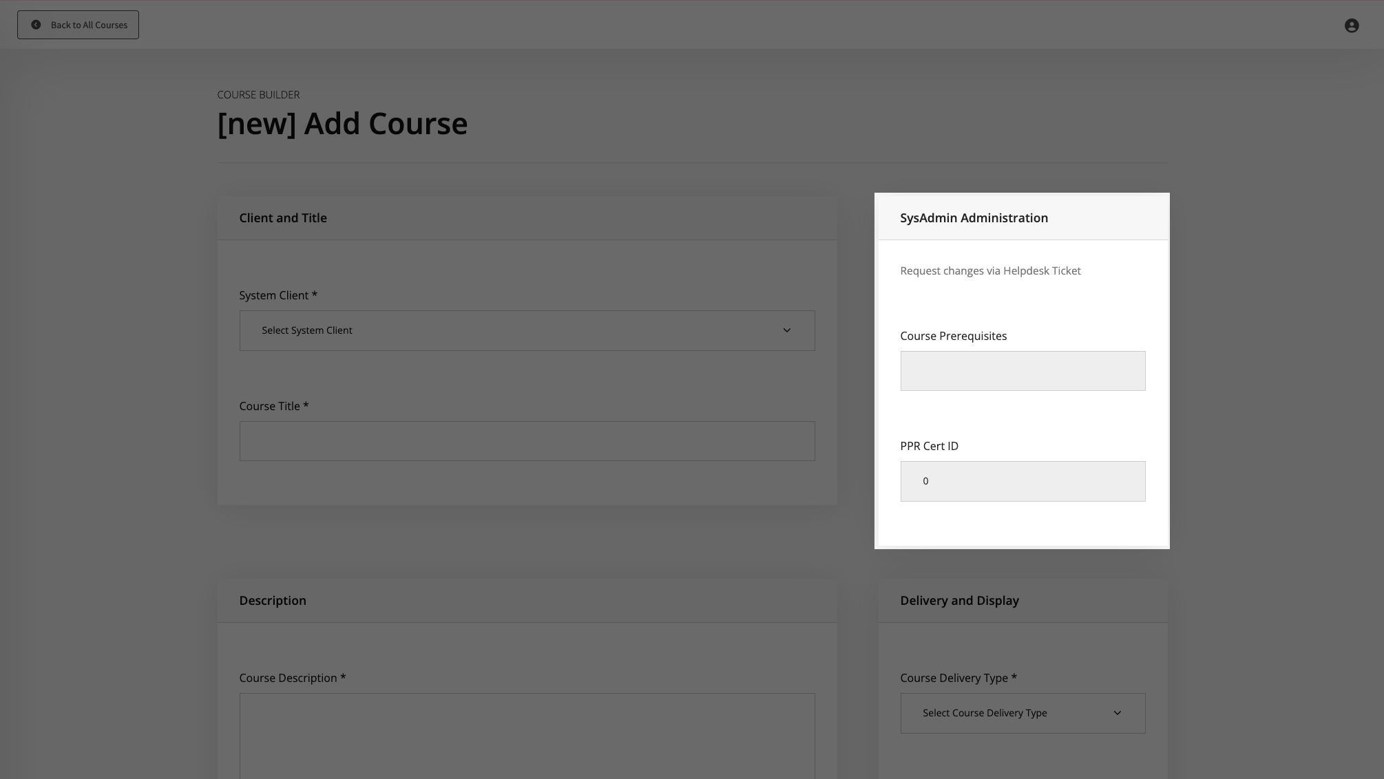 Add new course sysadmin screen