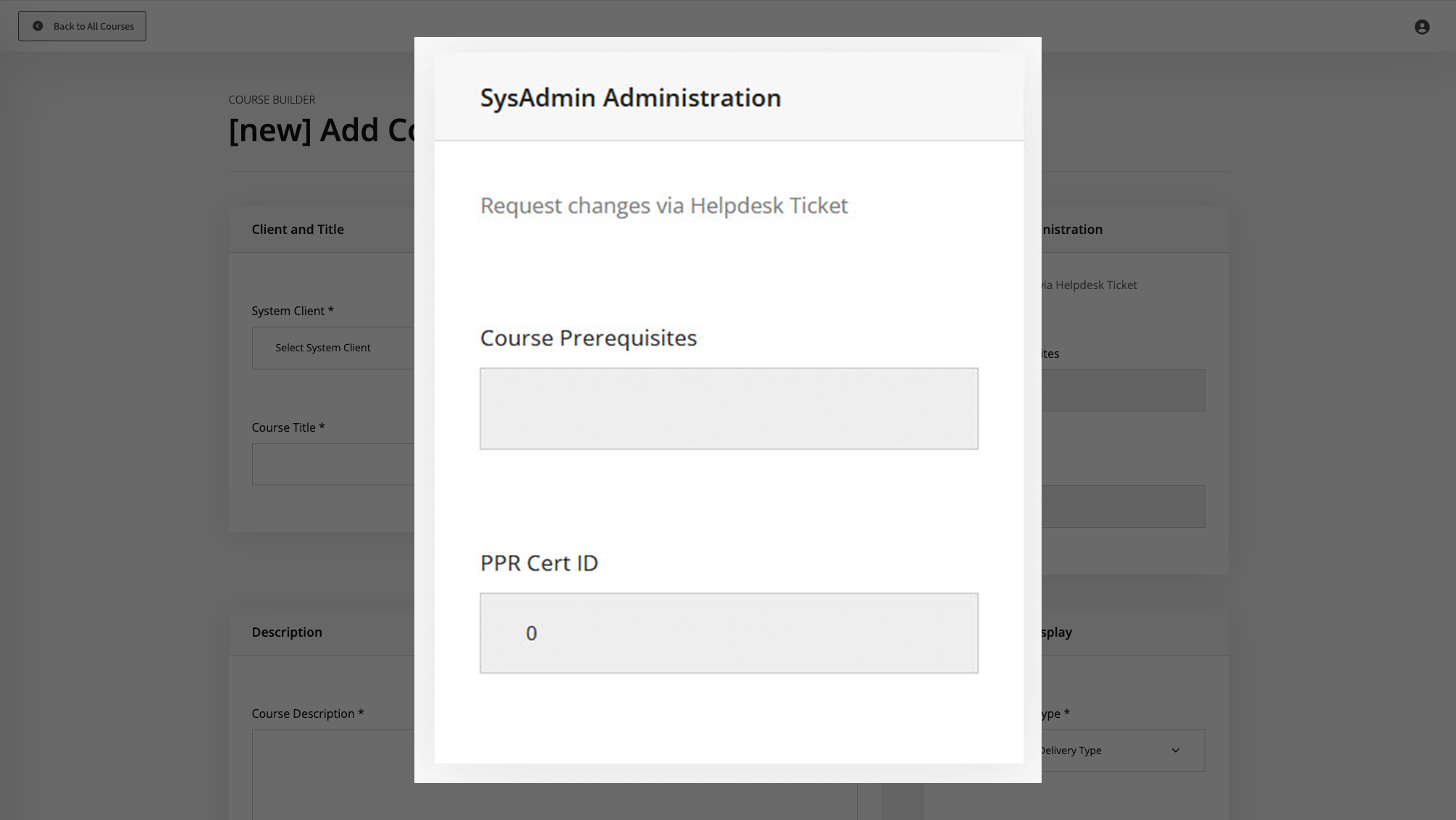 Add new course sysadmin screen detail