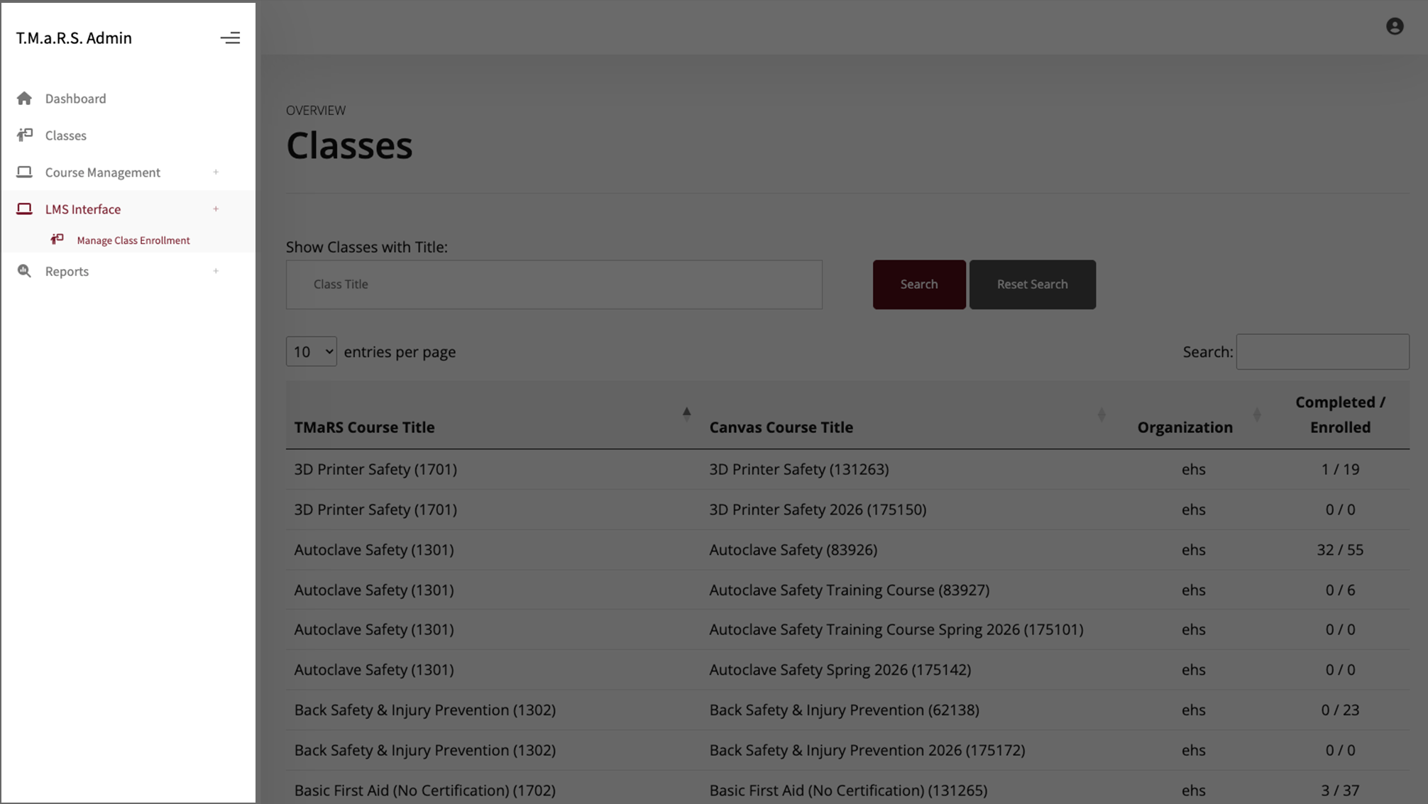 LMS Interface sidebar