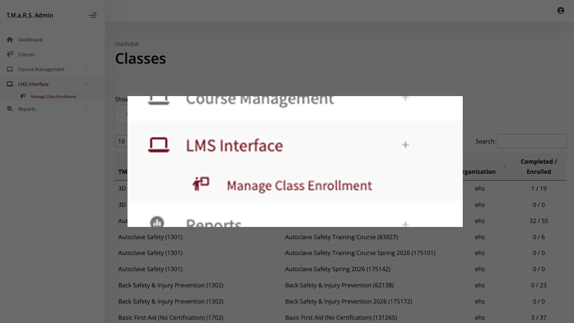 LMS Interface Sidebar detail
