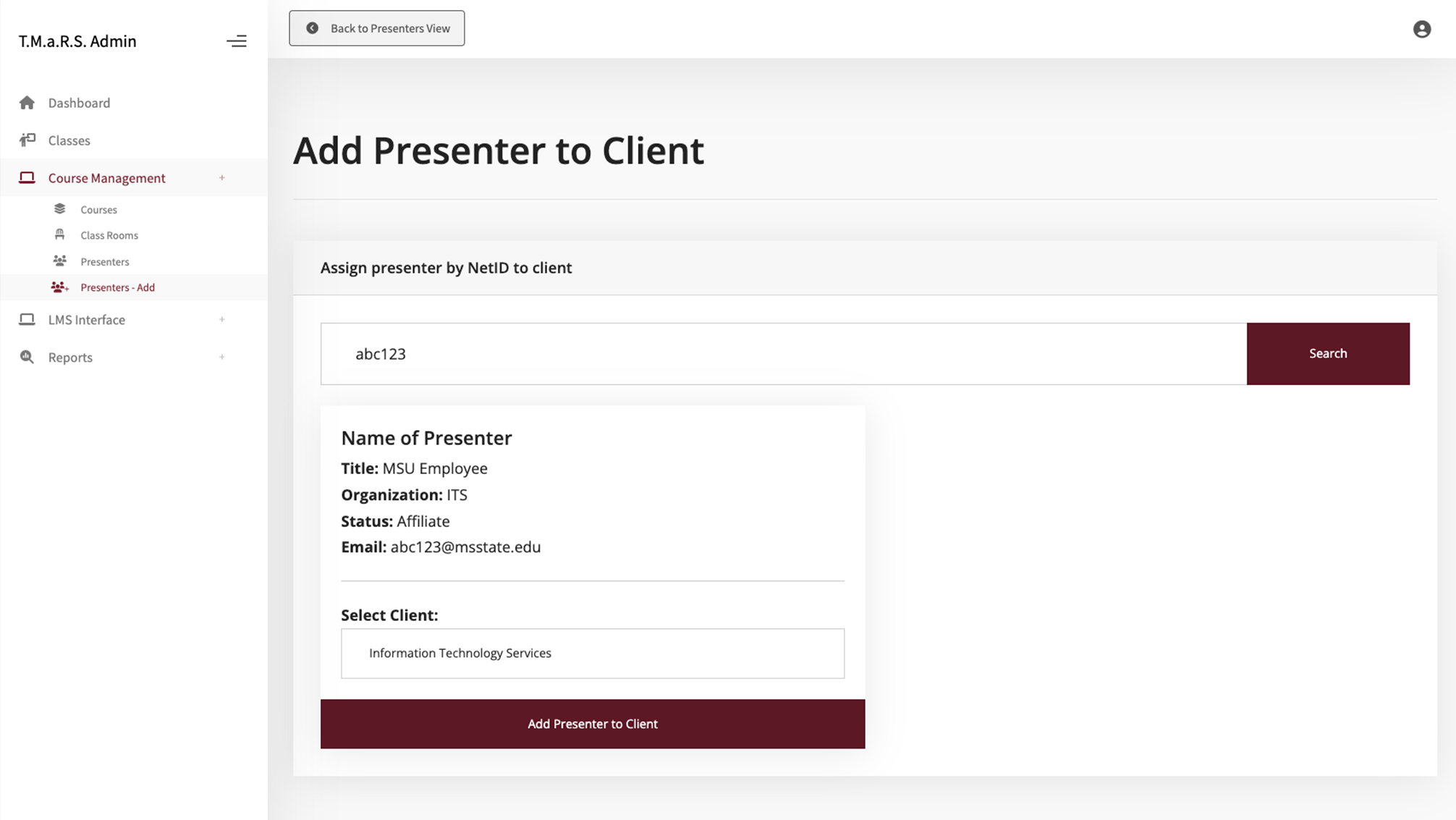 Add presenters dialogue box