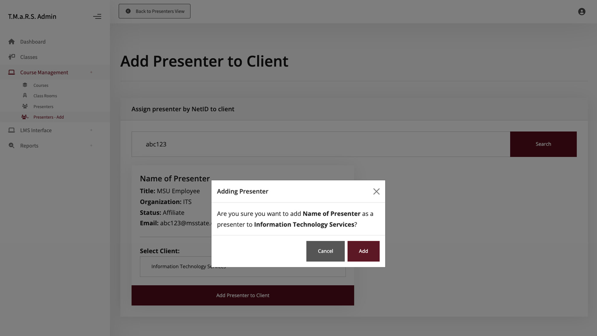 Add a presenter dialogue box window