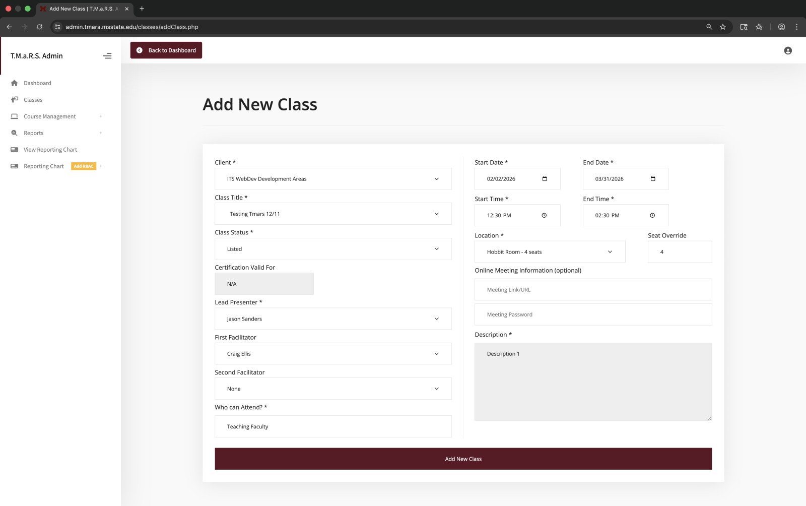 Add New Class - Filled