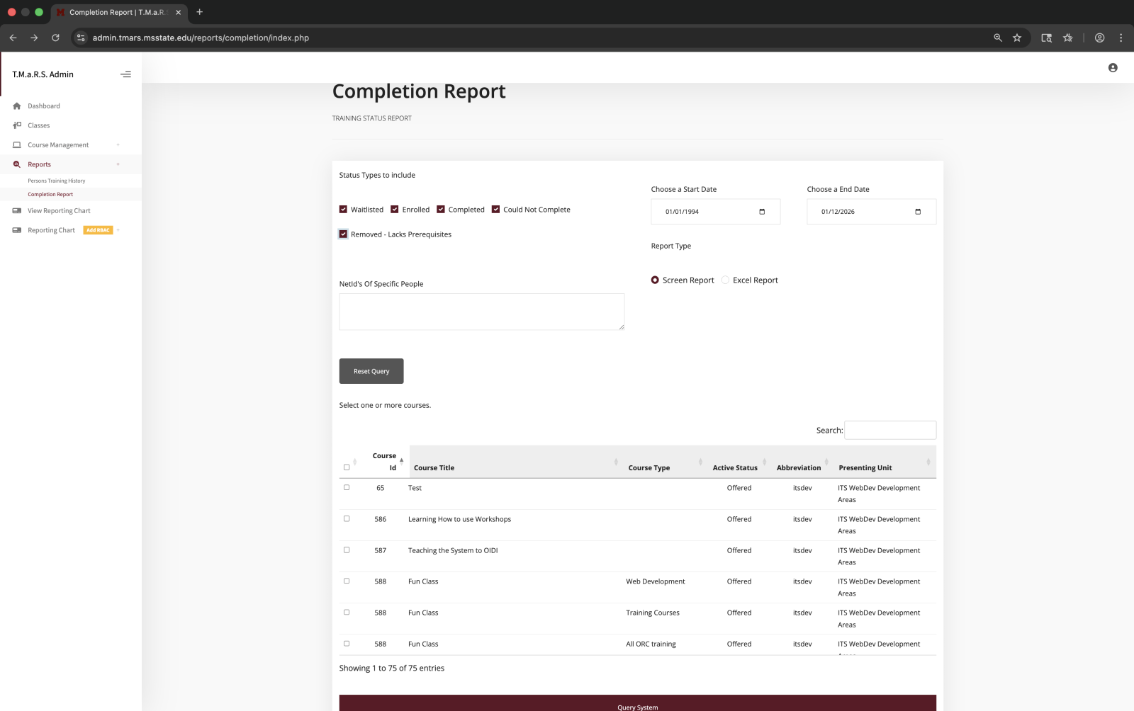 Completion Report Search